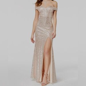 Emerald Sundae women’s Gold/pink sequined off shoulders formal dress size 11